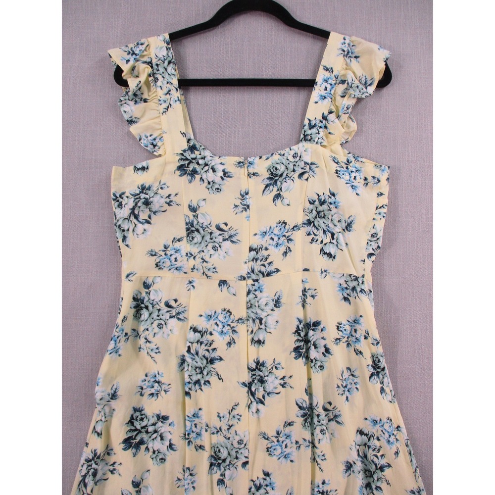 LOFT Yellow Blue Floral Ruffle Strap Midi Dress Size 10 Sweetheart Neck Slit - Picture 9 of 10
